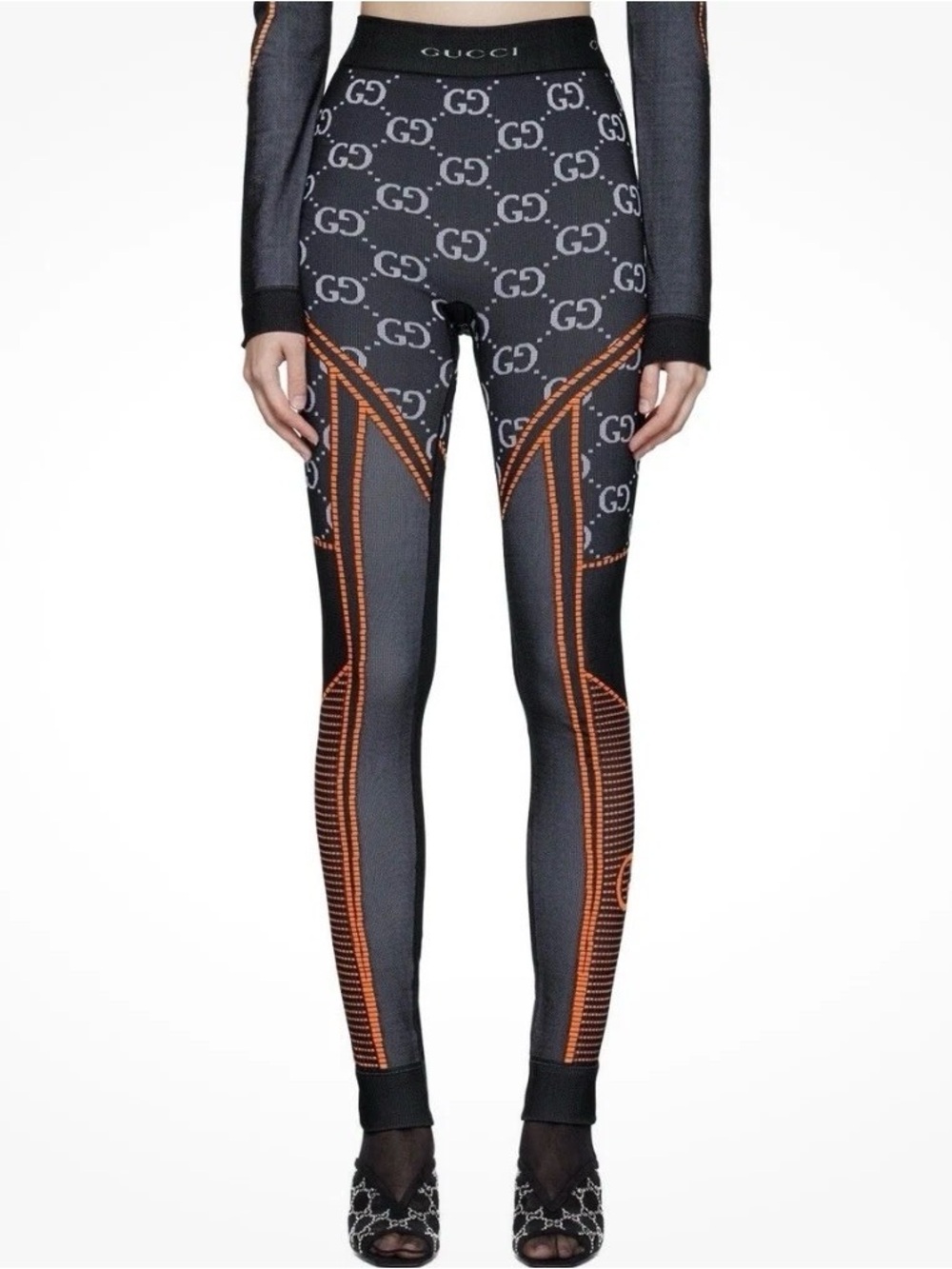 Authentic Gucci GG Jacquard Jersey Leggings  Black/Orange Women’s Size Medium